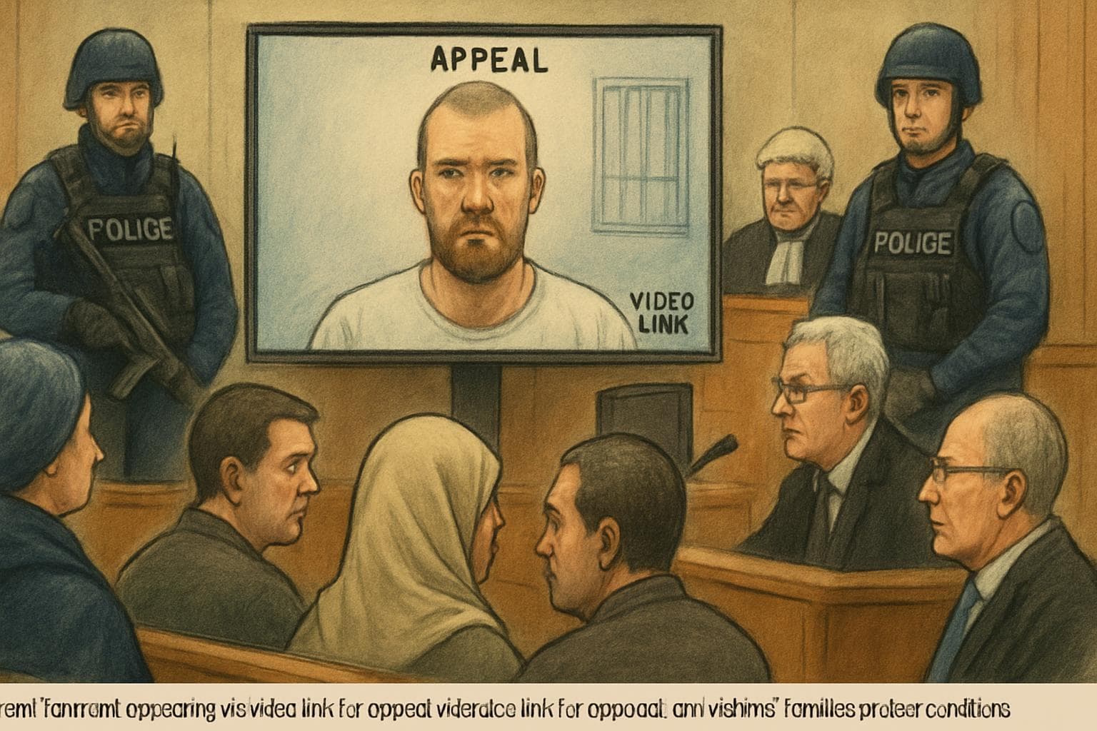 Brenton Tarrant appears via video link in a courtroom with security.