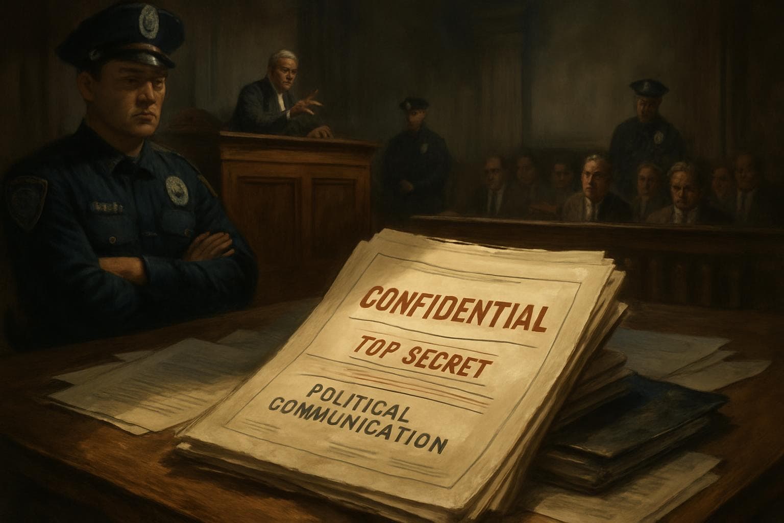 Courtroom table with confidential documents under spotlight