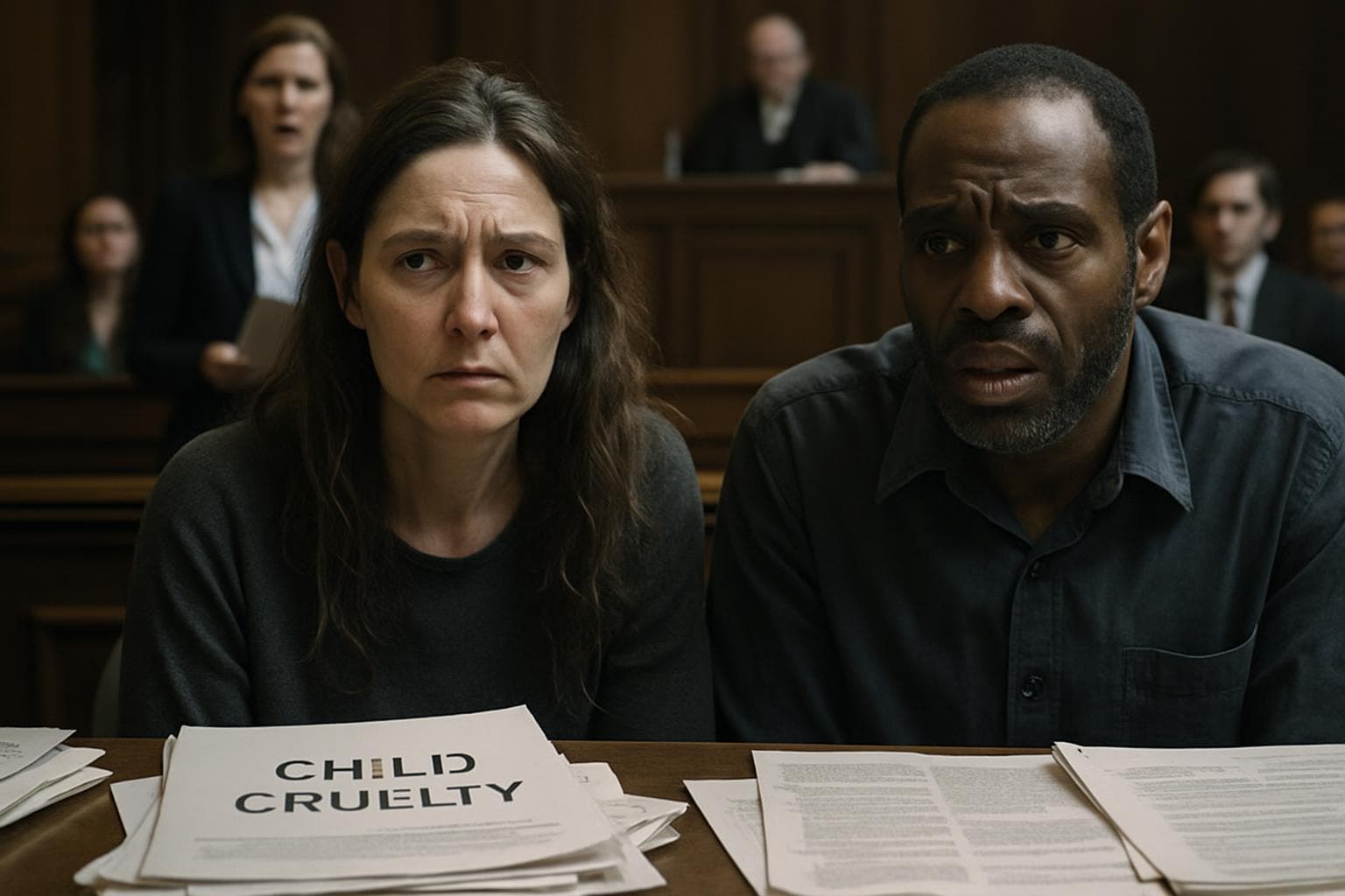 Constance Marten and Mark Gordon in a courtroom looking distressed