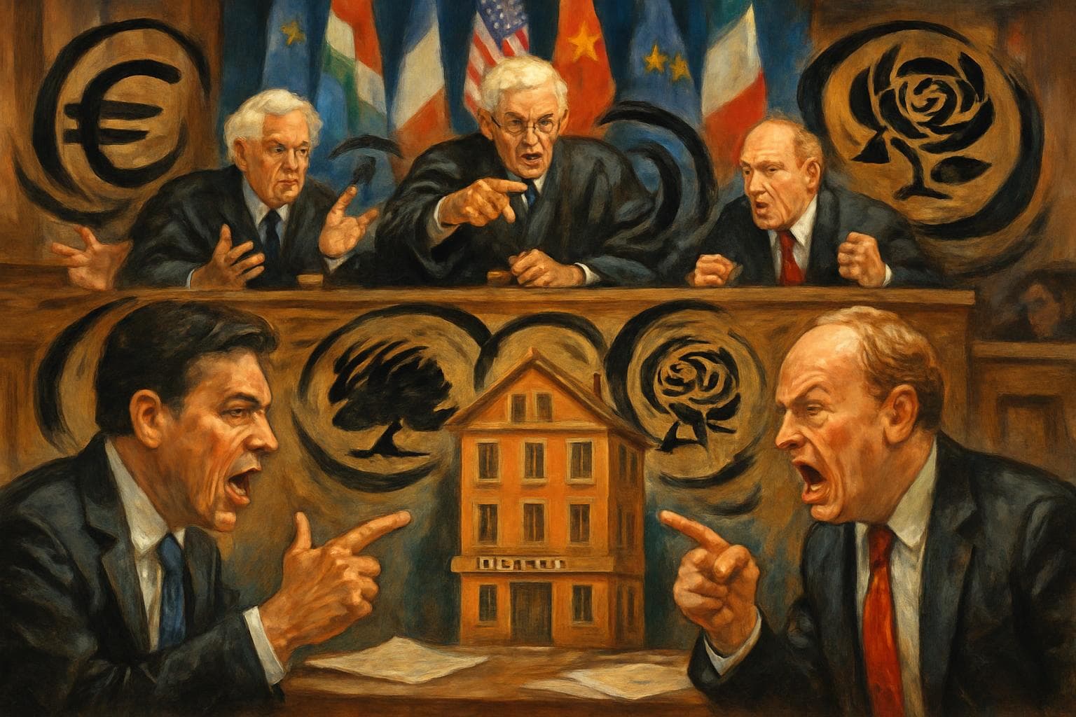 Judges and politicians debating in a courtroom with international flags