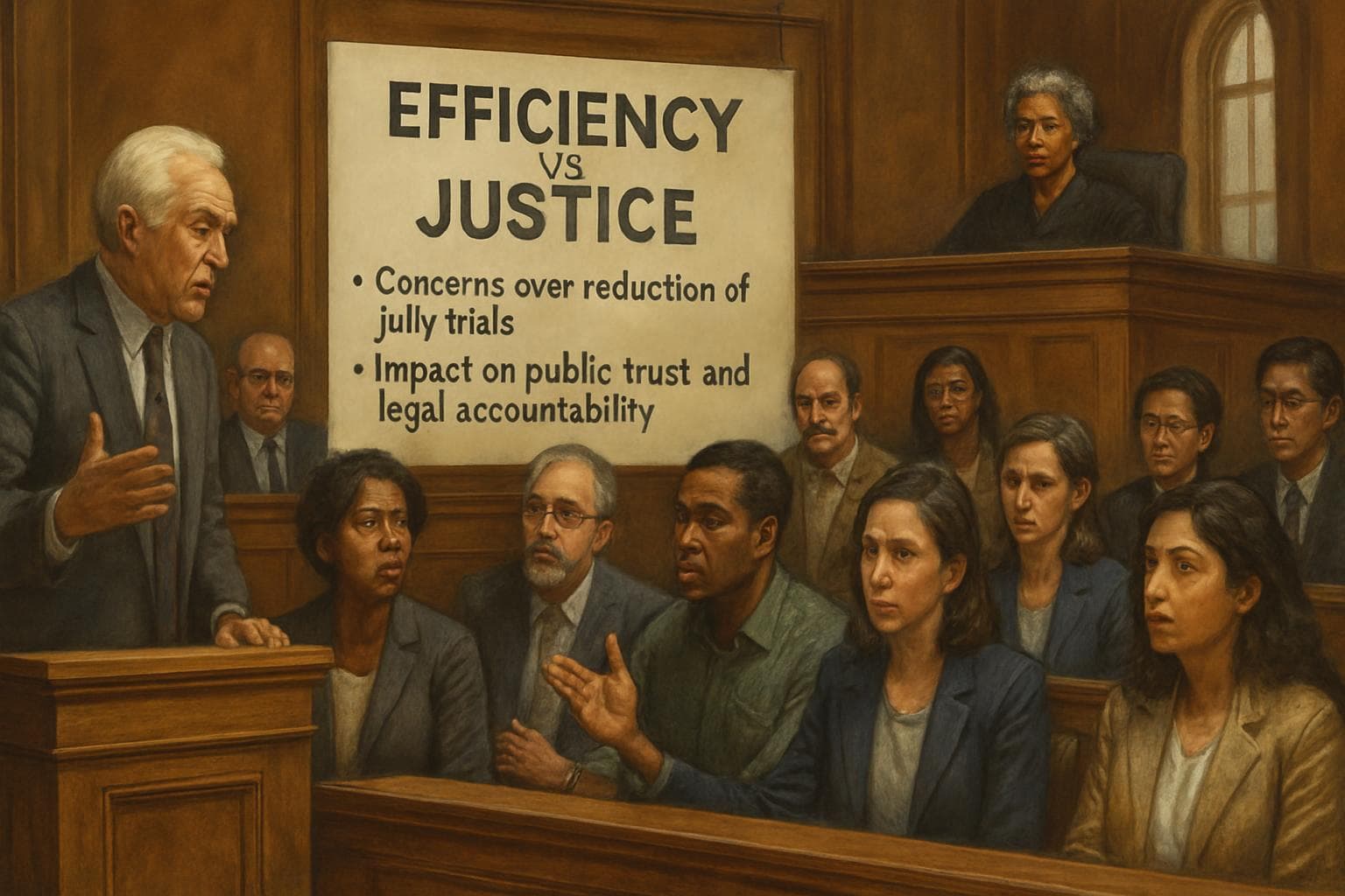 Diverse individuals debating in a courtroom setting