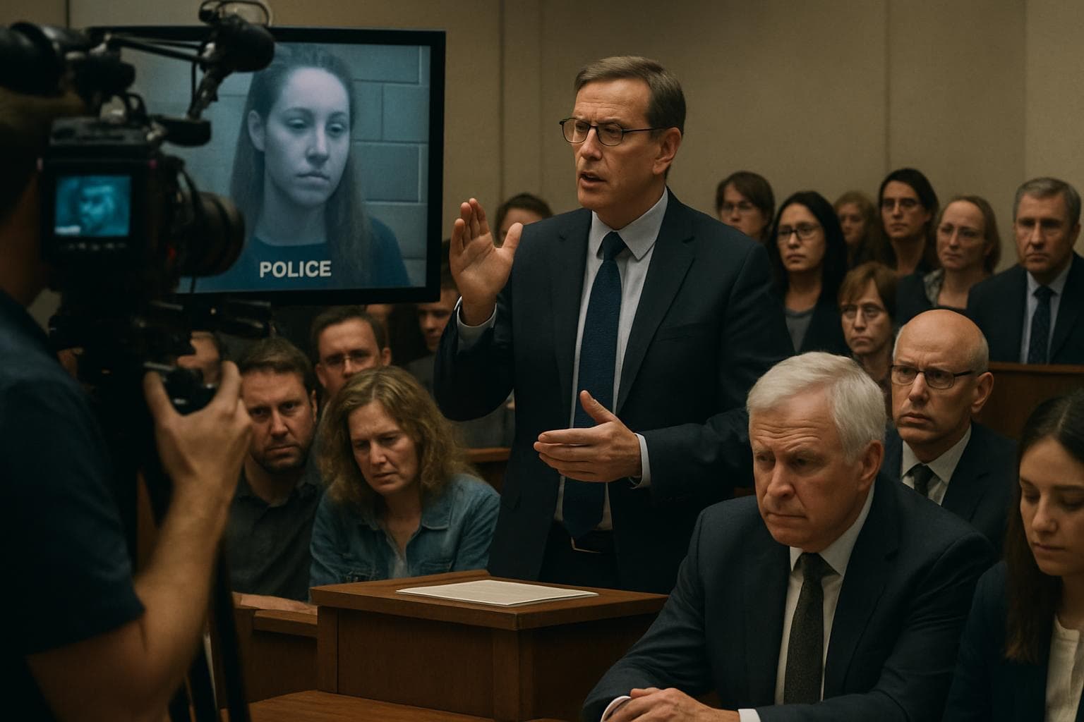 Courtroom scene with documentary crew and emotional debate