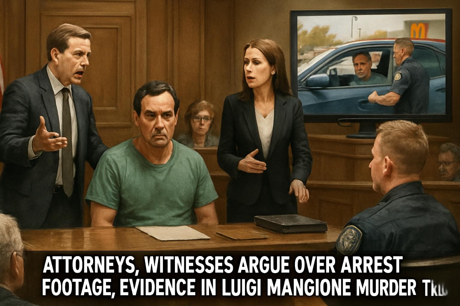 Courtroom scene with attorneys and witnesses discussing evidence