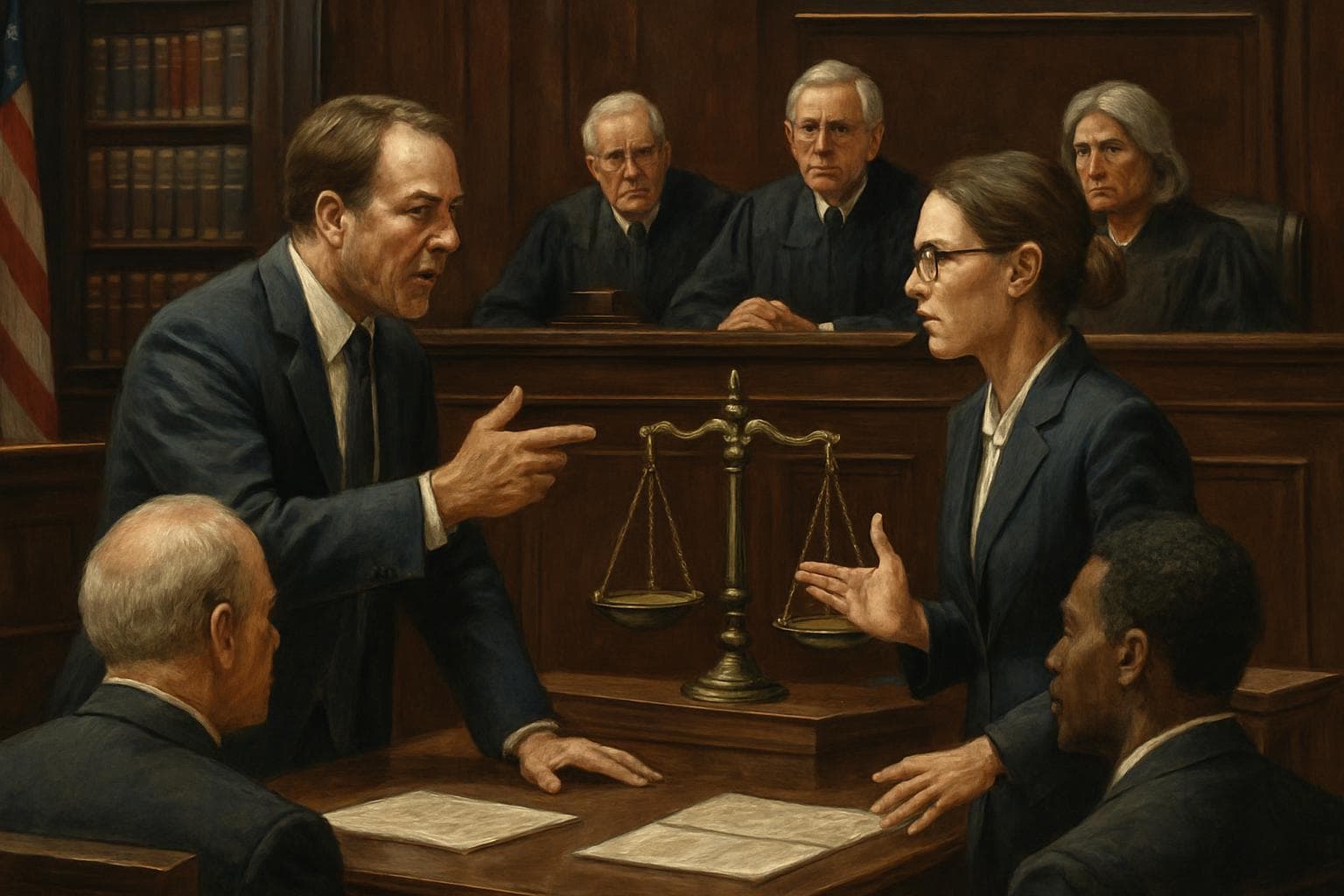 Judges and lawyers in courtroom discussing protest group ban