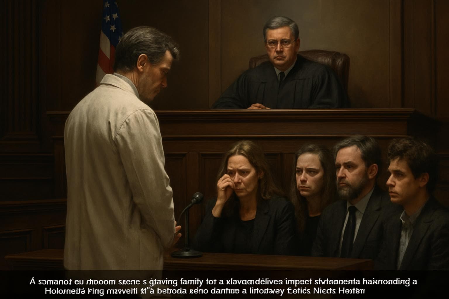 Doctor stands before judge in courtroom with grieving family present.
