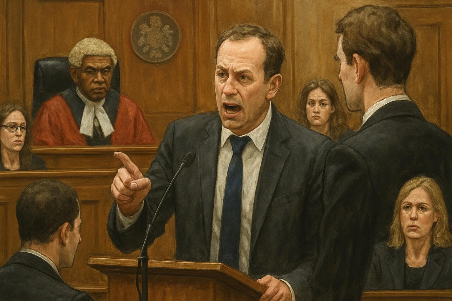 Courtroom scene with a reporter denying allegations