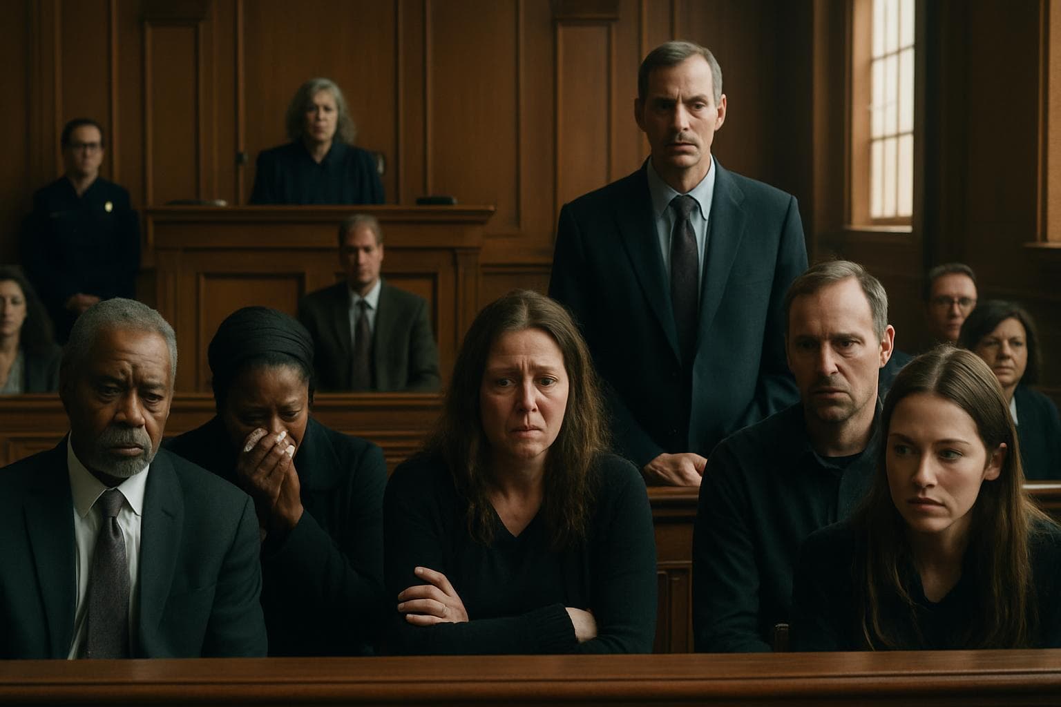 Courtroom scene with families seeking justice after attack