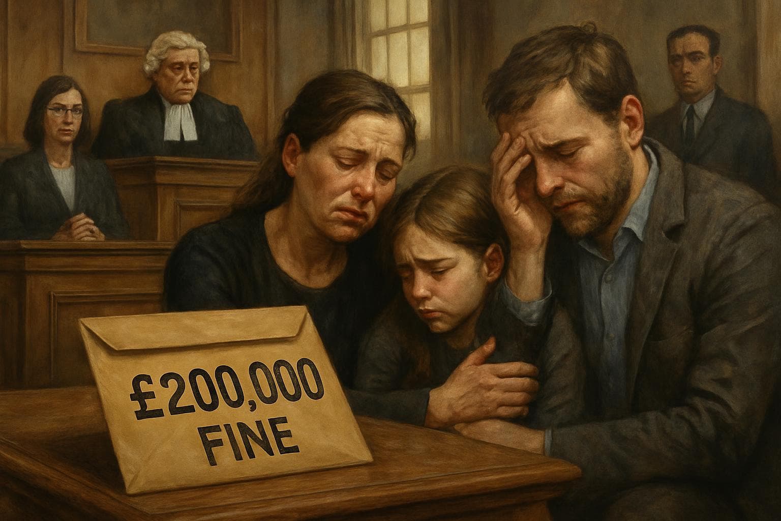 Courtroom scene with family and symbolic fine envelope