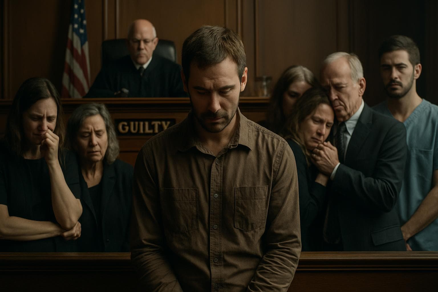 Courtroom scene with father convicted for son's murder