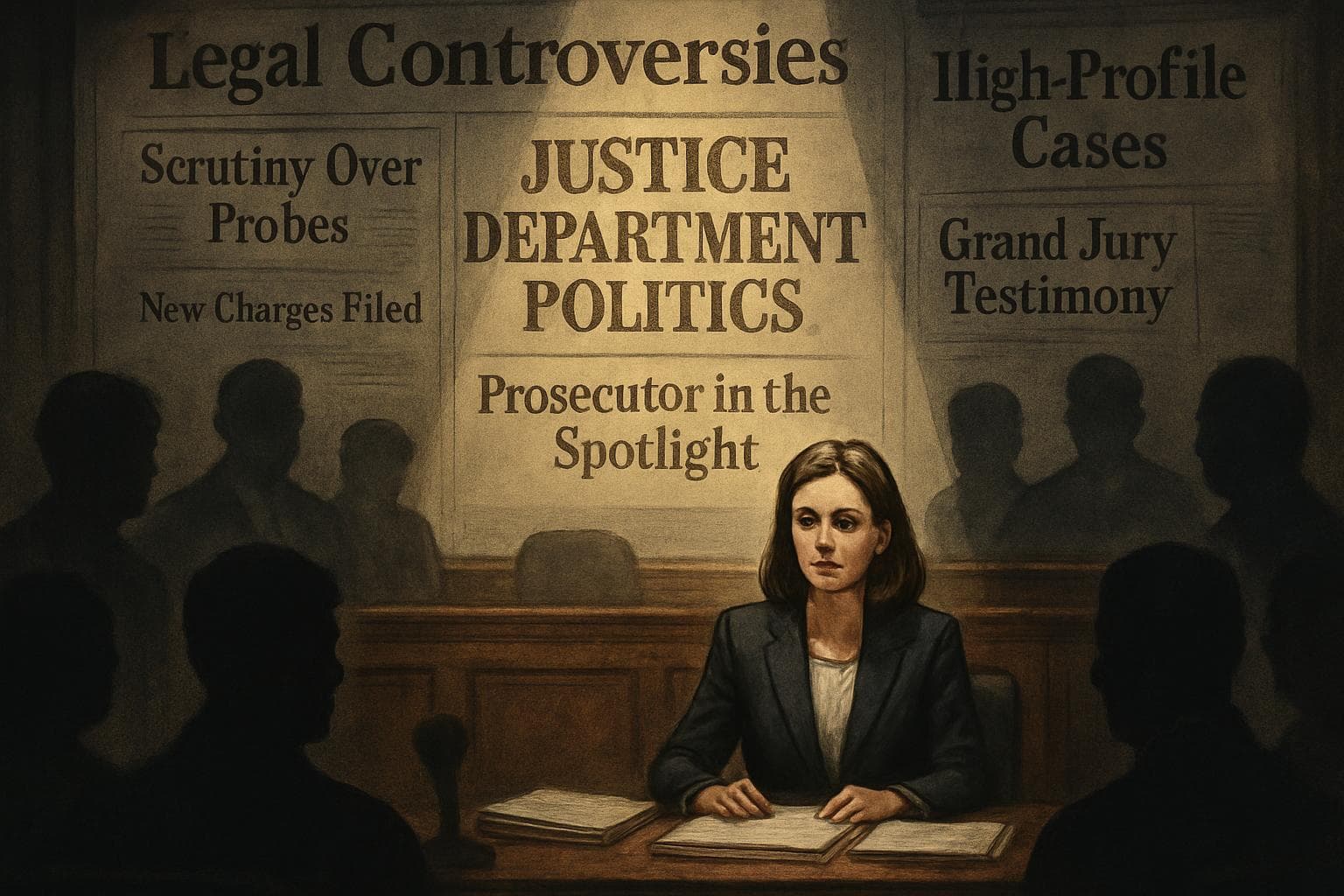 Female prosecutor in courtroom with shadowy figures and headlines