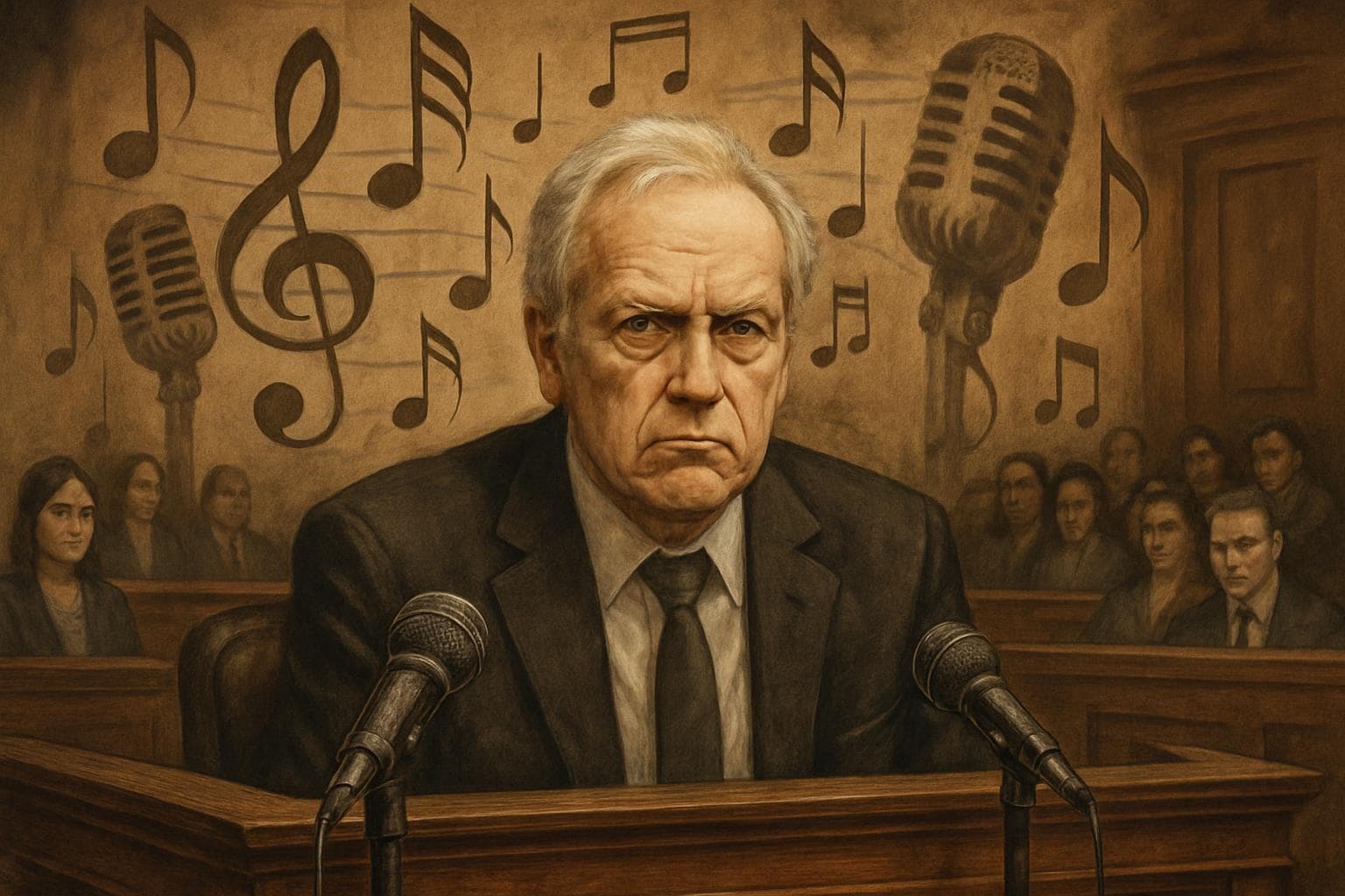Older man in courtroom with music notes and microphones