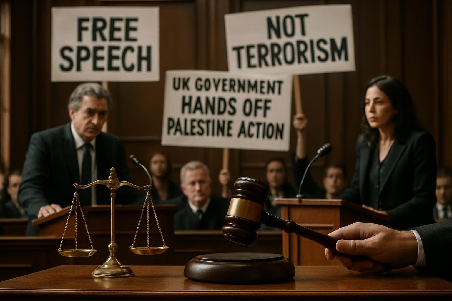 Courtroom scene with gavel, scales of justice, and protest signs