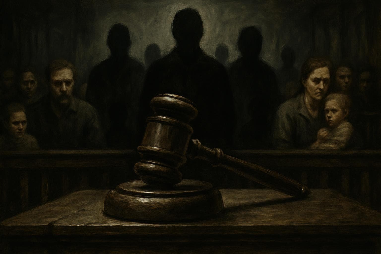 Courtroom with gavel and shadowy figures representing scandal