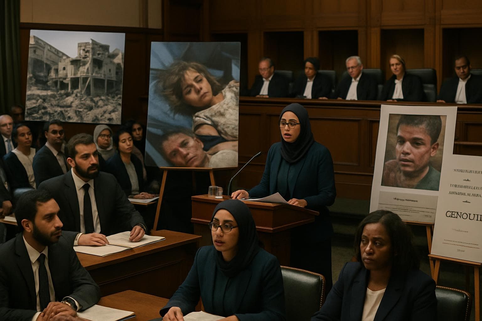 Courtroom with scholars presenting evidence of Gaza destruction