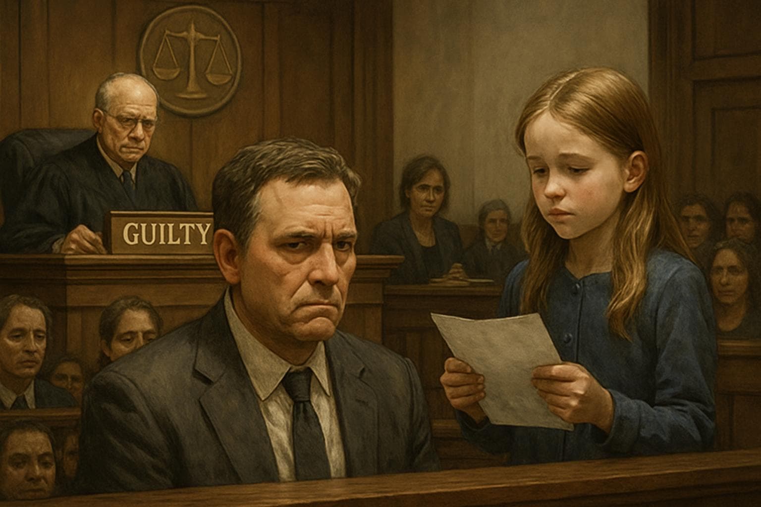 Courtroom scene with man found guilty and child witness