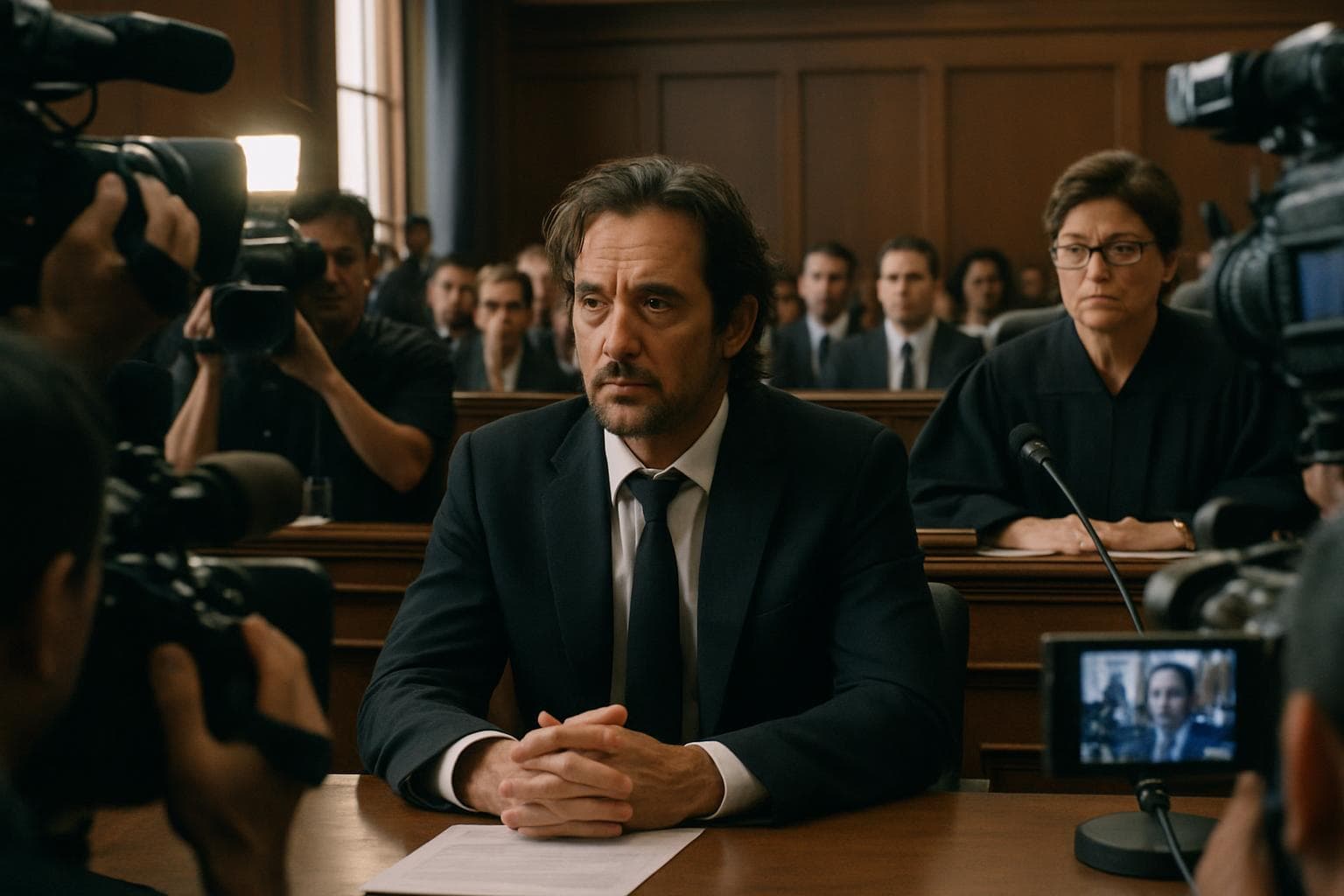 High-profile actor in courtroom with media cameras