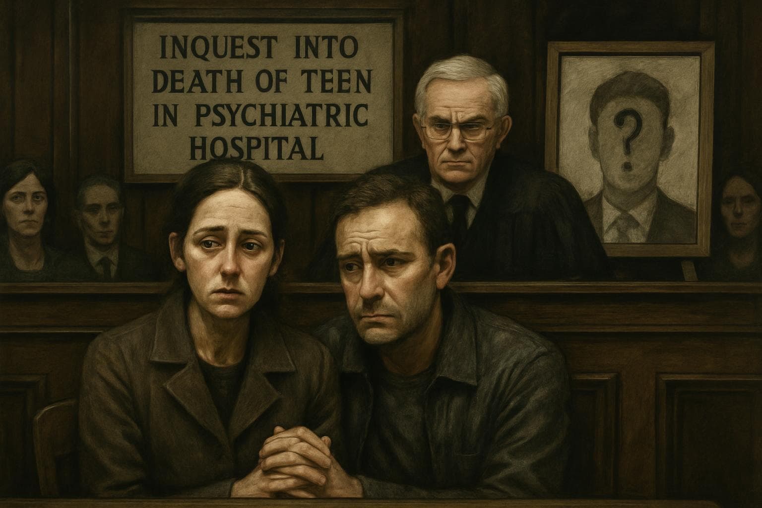 Courtroom scene with judge and concerned parents