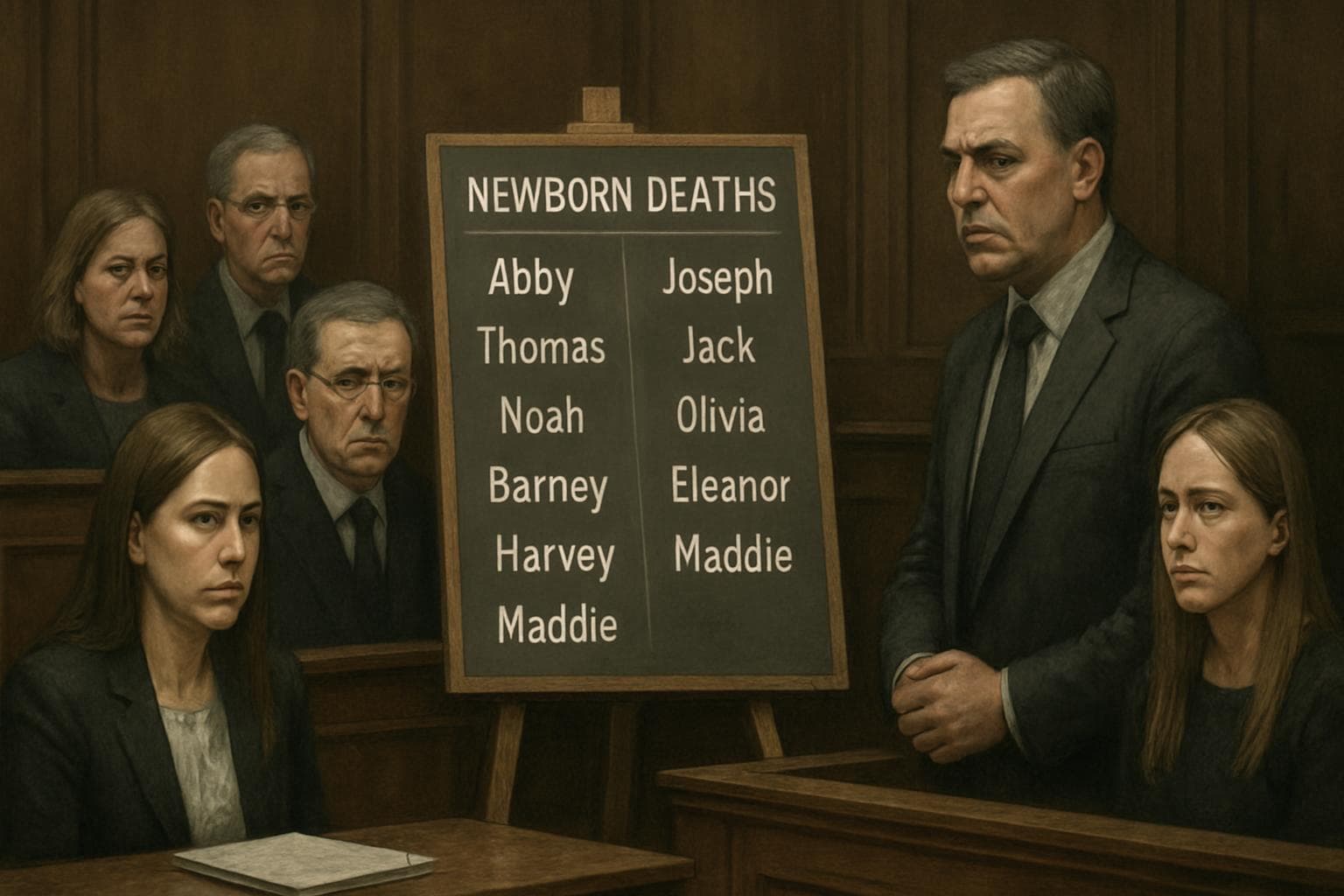 Courtroom with board listing infants' names linked to Lucy Letby case