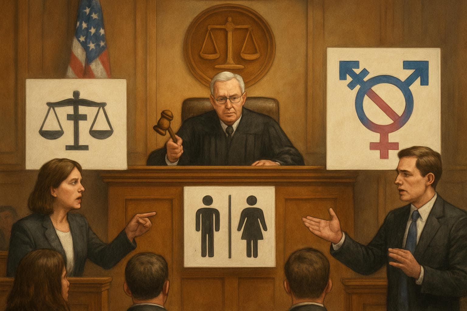 Judge in courtroom with gender equality symbols and transgender rights debate