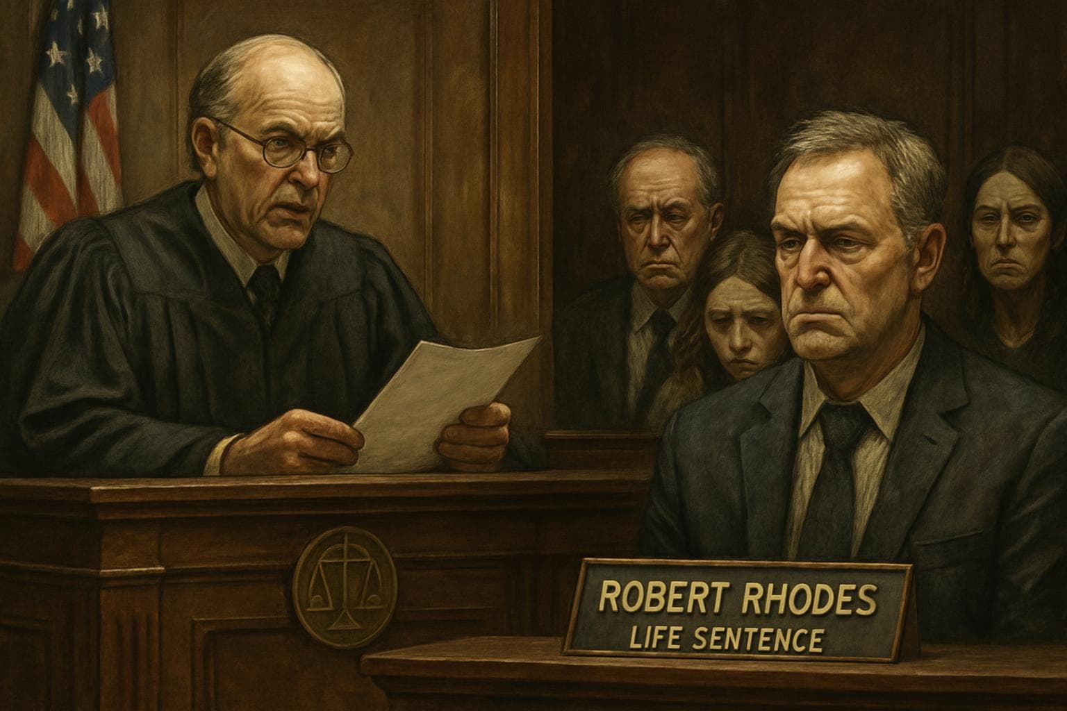 Judge delivering life sentence to Robert Rhodes in courtroom