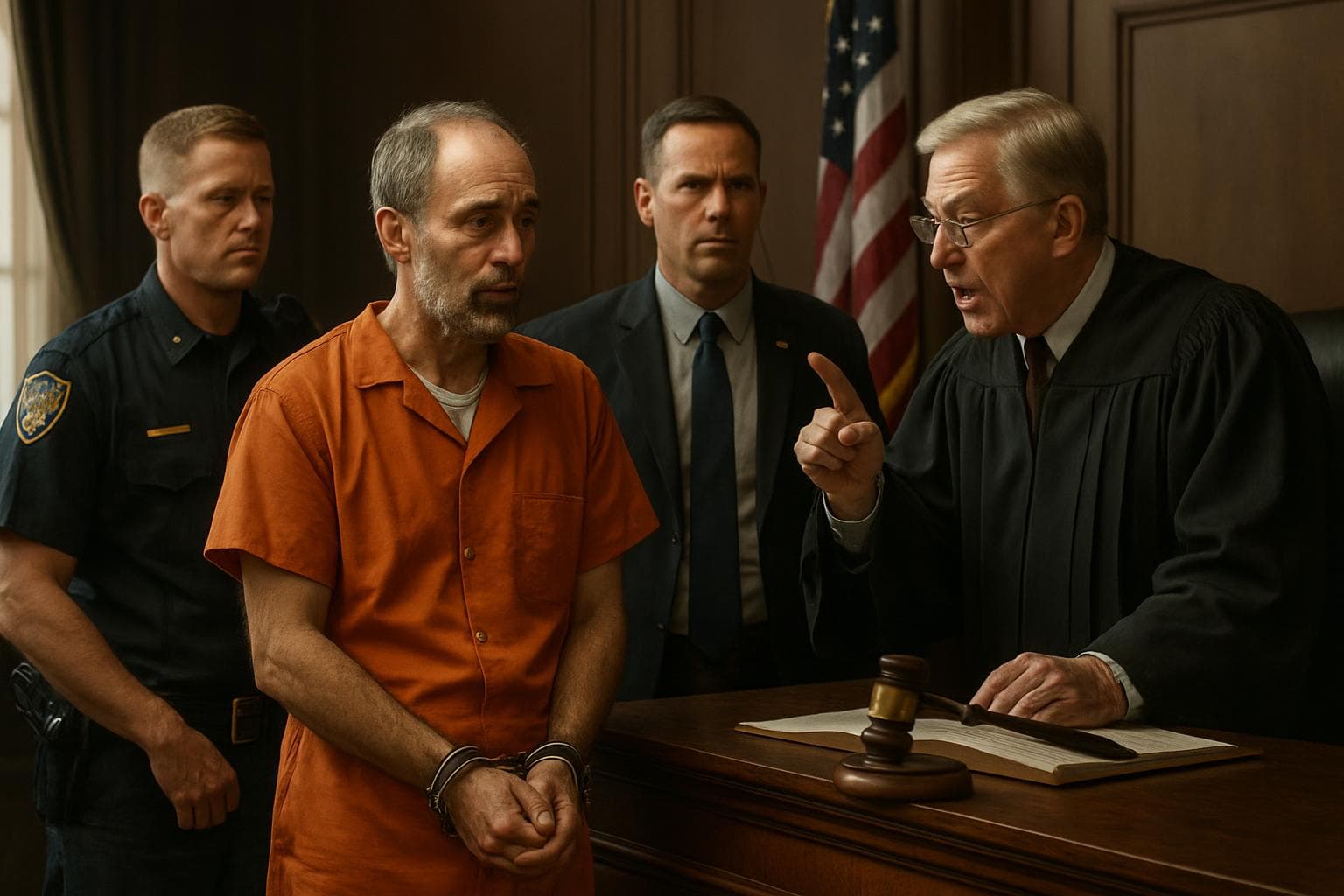 Judge sentencing a shackled man in prison attire in court