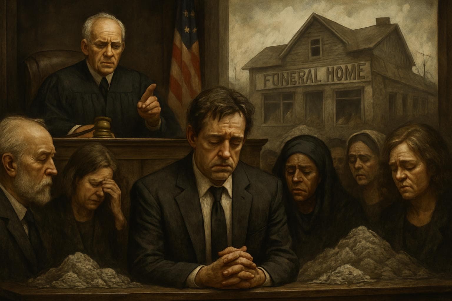 Judge sentencing a funeral home owner in a courtroom