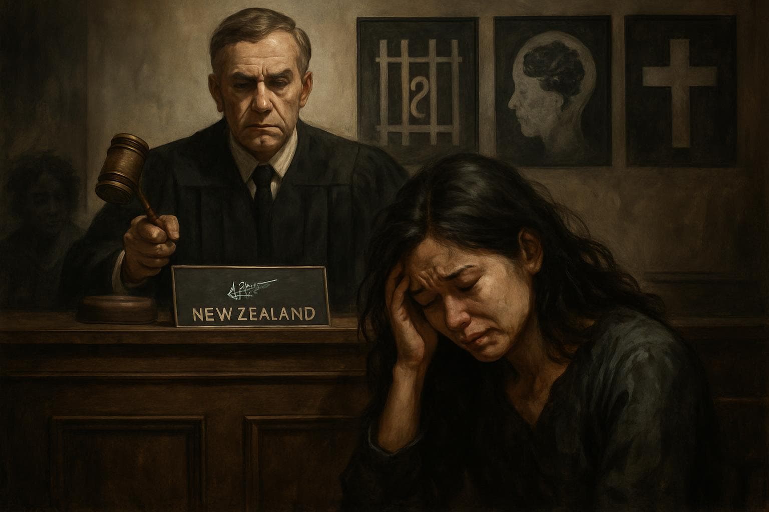 Judge sentencing a distressed New Zealand mother in court