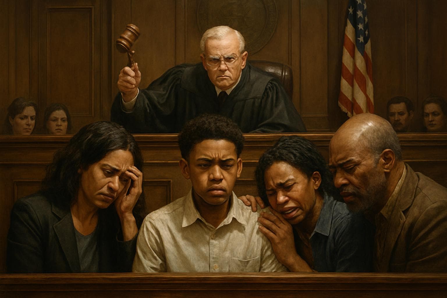 Judge delivering verdict in courtroom with upset families