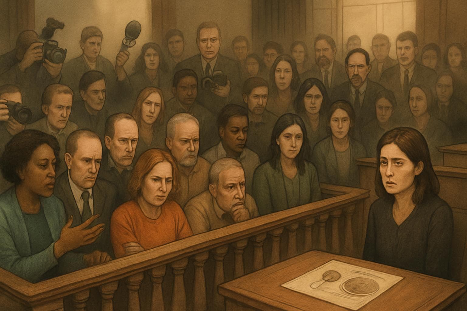 Jury deliberating in courtroom during poisoning trial