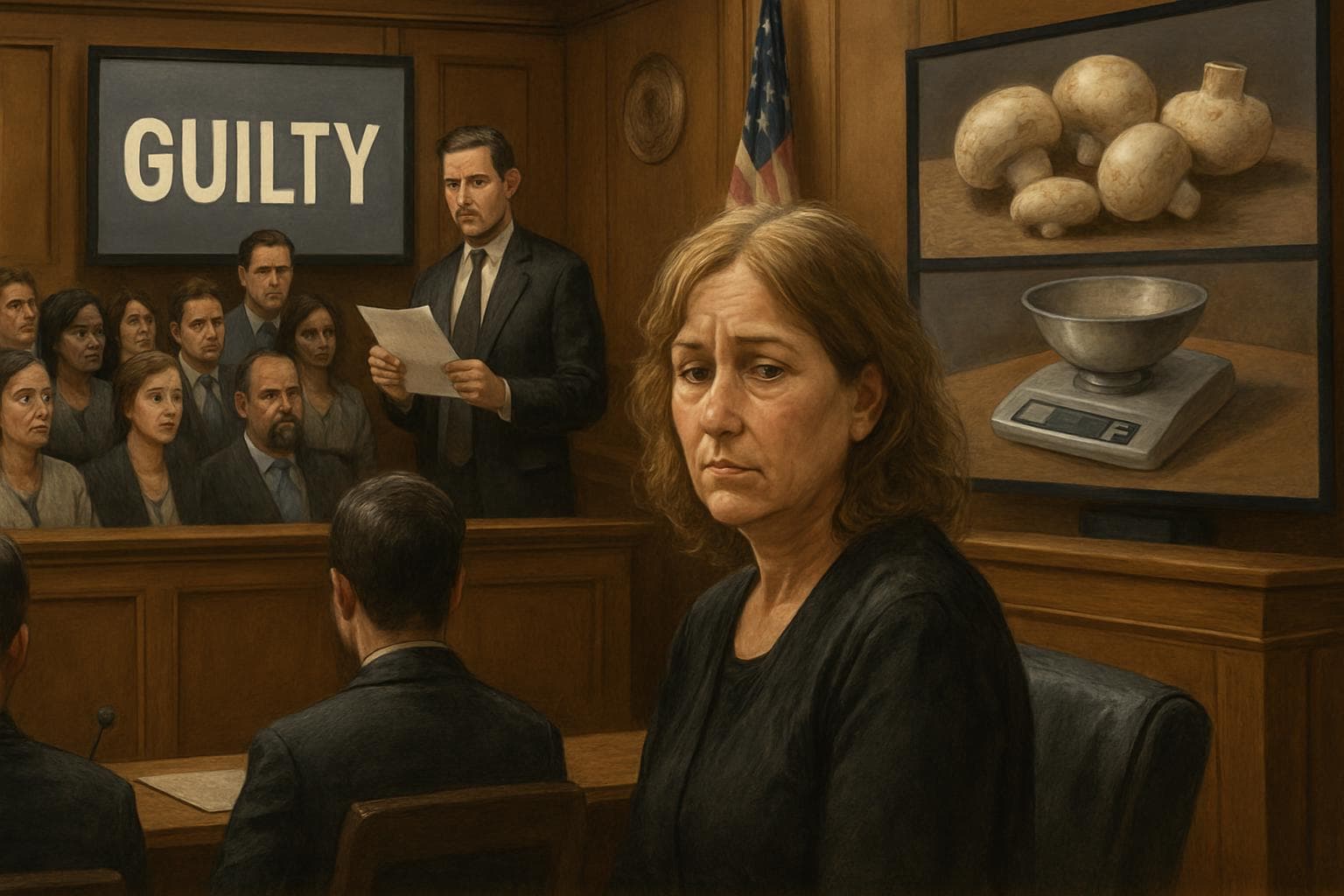 Jury in courtroom delivering guilty verdict for poisoning case