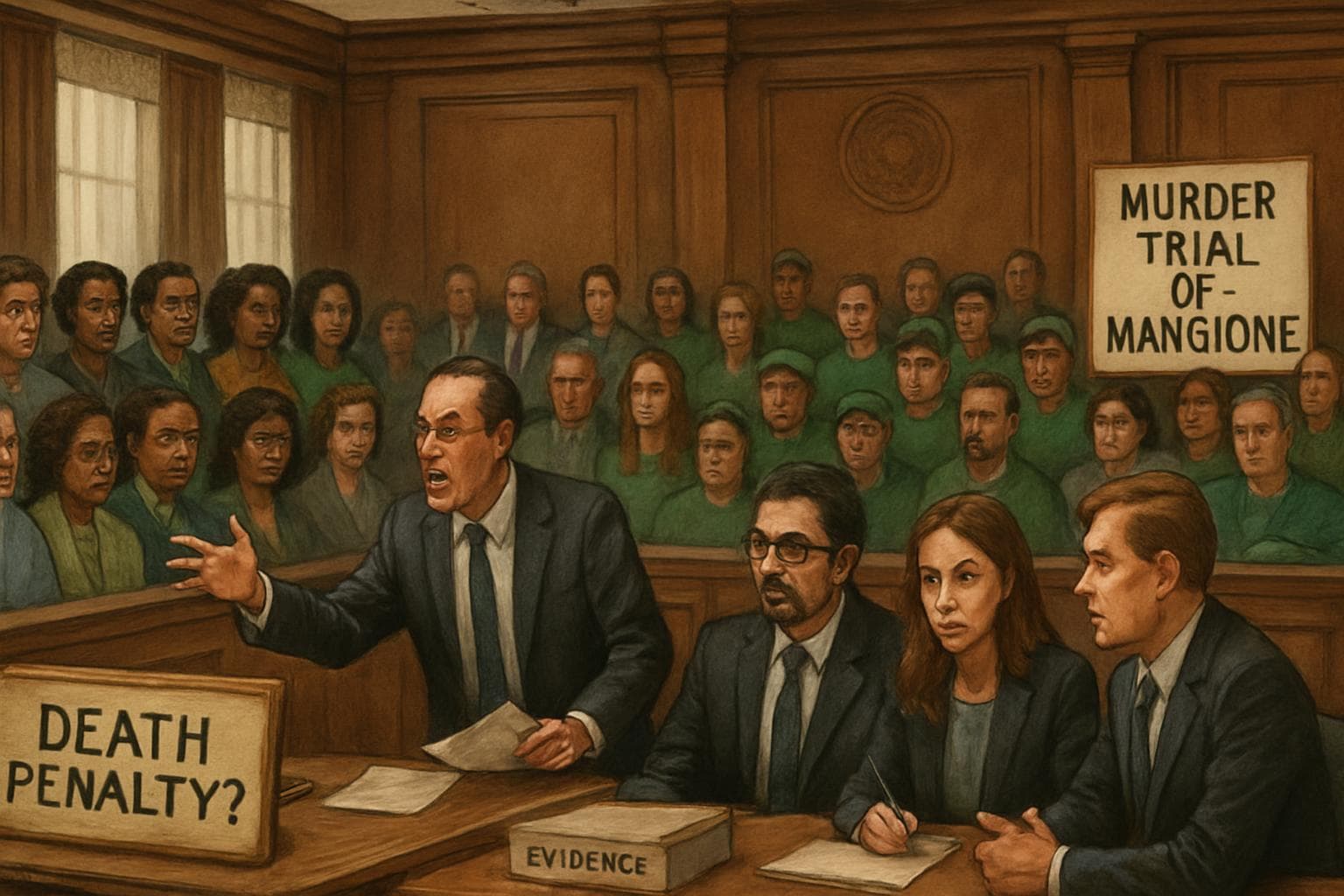 Courtroom scene with jury selection for Luigi Mangione trial