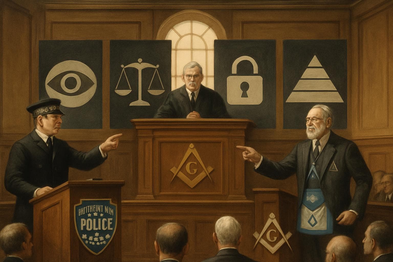 Courtroom scene with Metropolitan Police and Freemasons