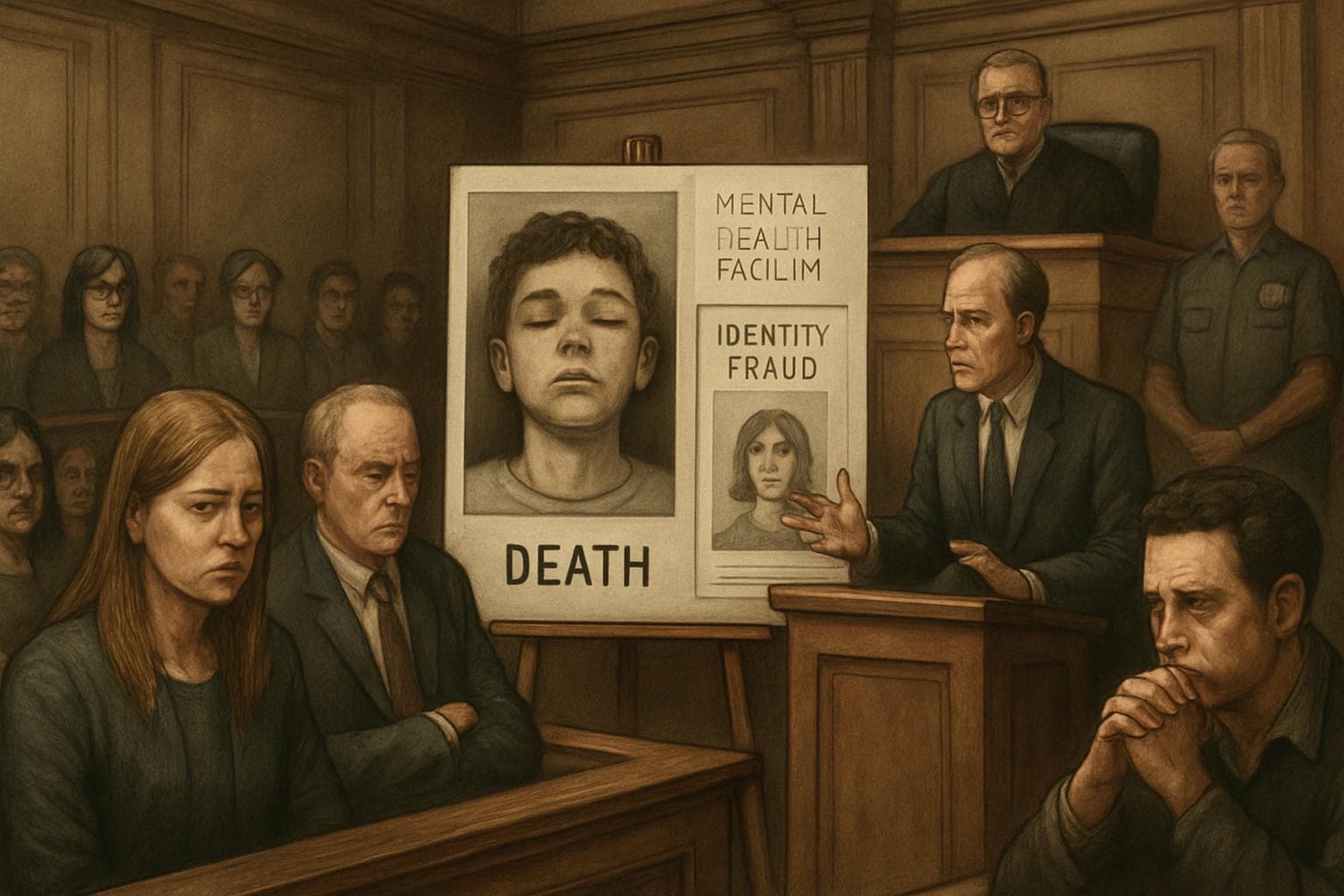 Courtroom with family and officials discussing negligence and fraud