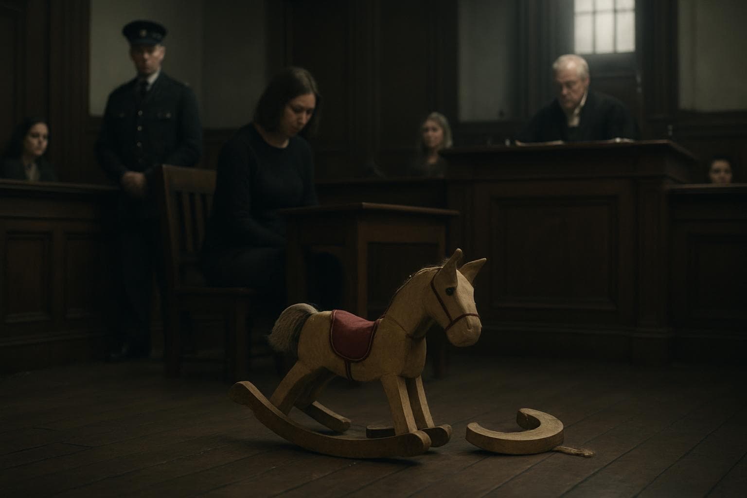 Courtroom with broken nursery toy in foreground