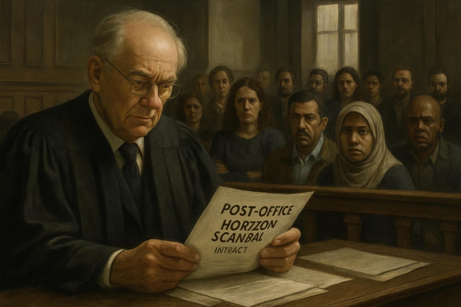 Retired judge reviews documents in courtroom with post office operators