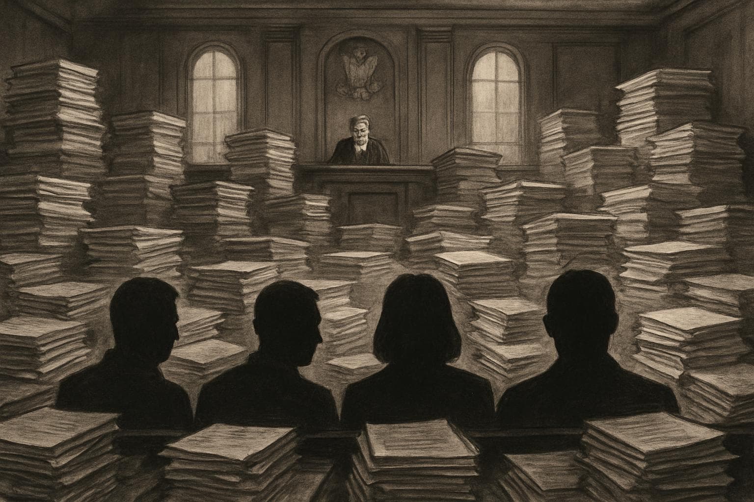 Courtroom with stacks of documents and shadowy figures