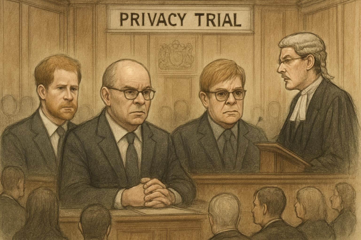 Courtroom scene of privacy trial with Prince Harry and Elton John