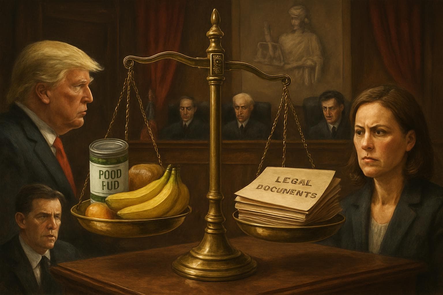 Courtroom scene with scales balancing food aid and legal documents