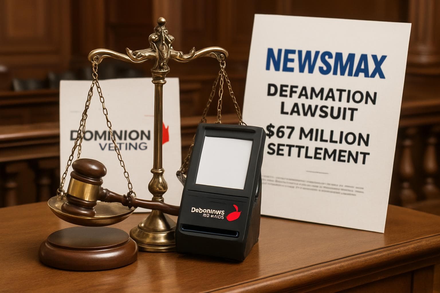 Courtroom scene with scale of justice and Dominion machine