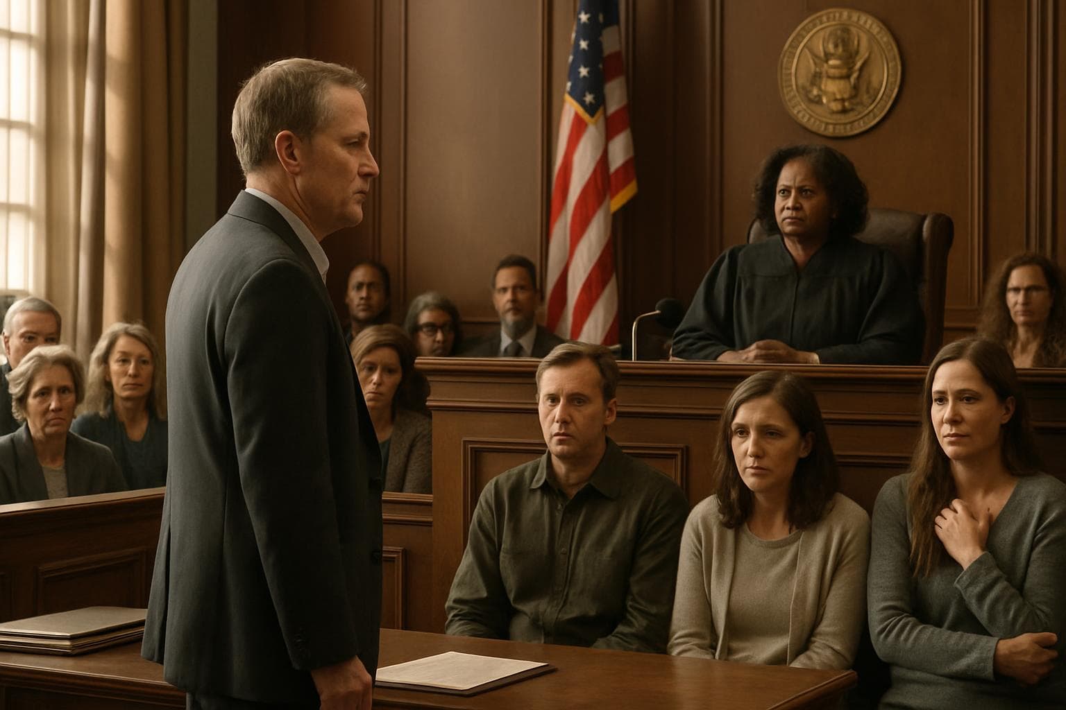 Middle-aged man stands before a judge in a courtroom.