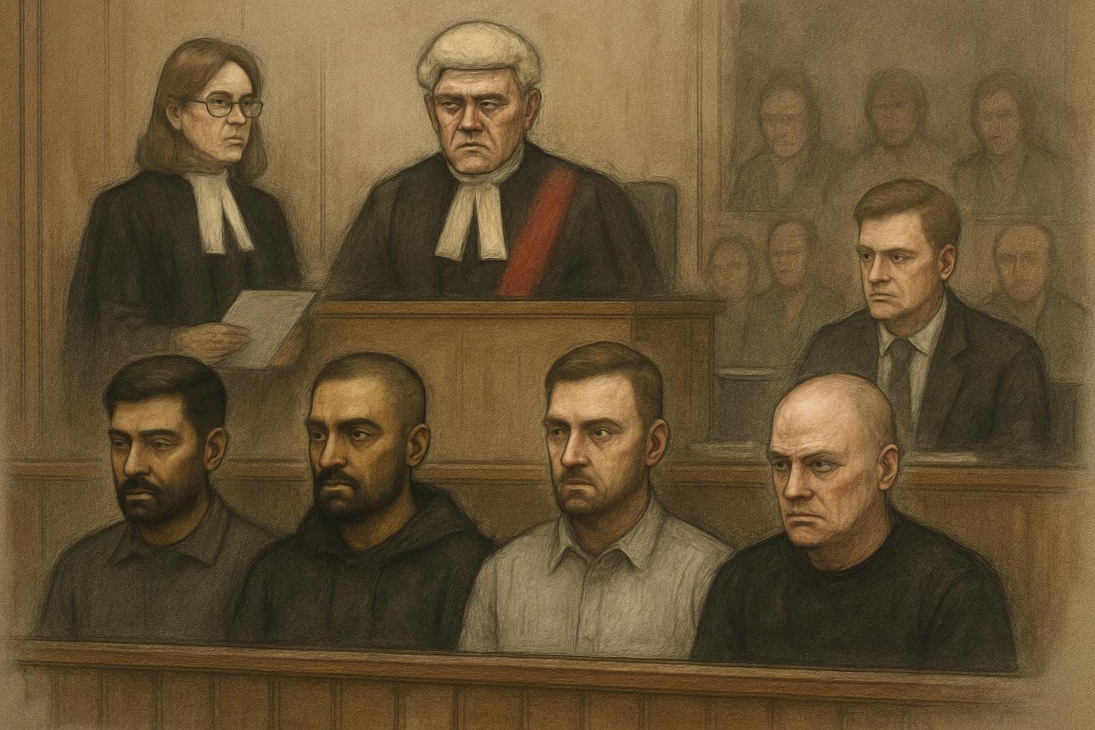 Courtroom with somber individuals in a legal case