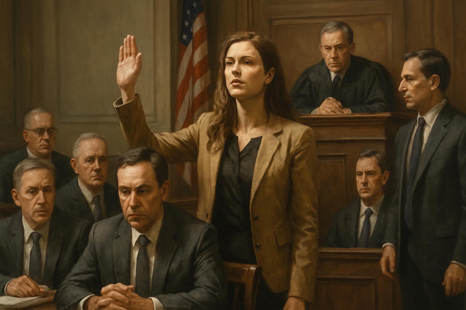 Woman standing in courtroom with six men in suits