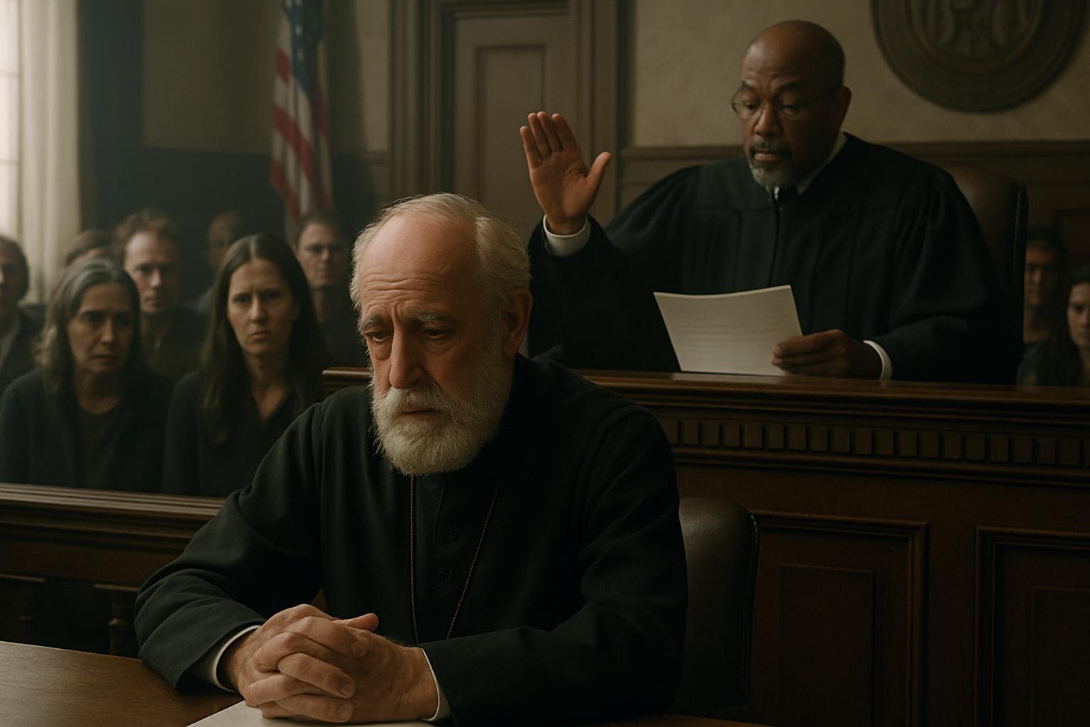 Elderly man being sentenced in a courtroom with onlookers
