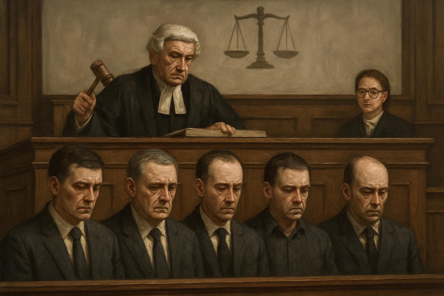 Five men being sentenced by a judge in a courtroom