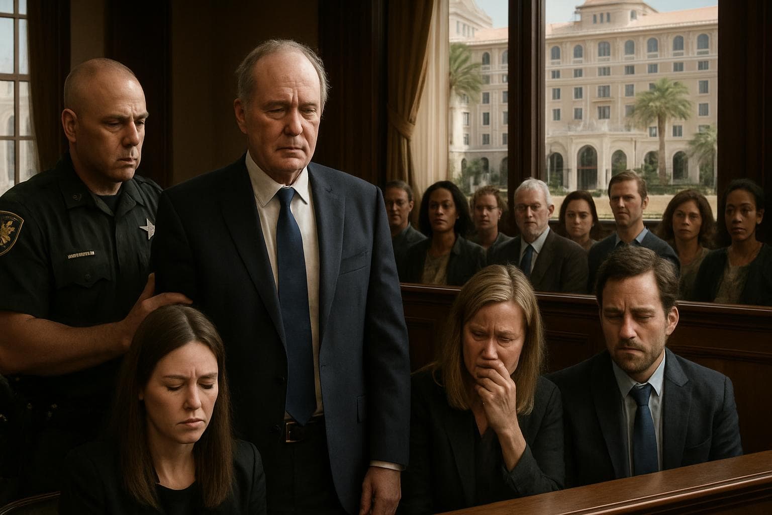 Courtroom scene with a man being sentenced and somber jury