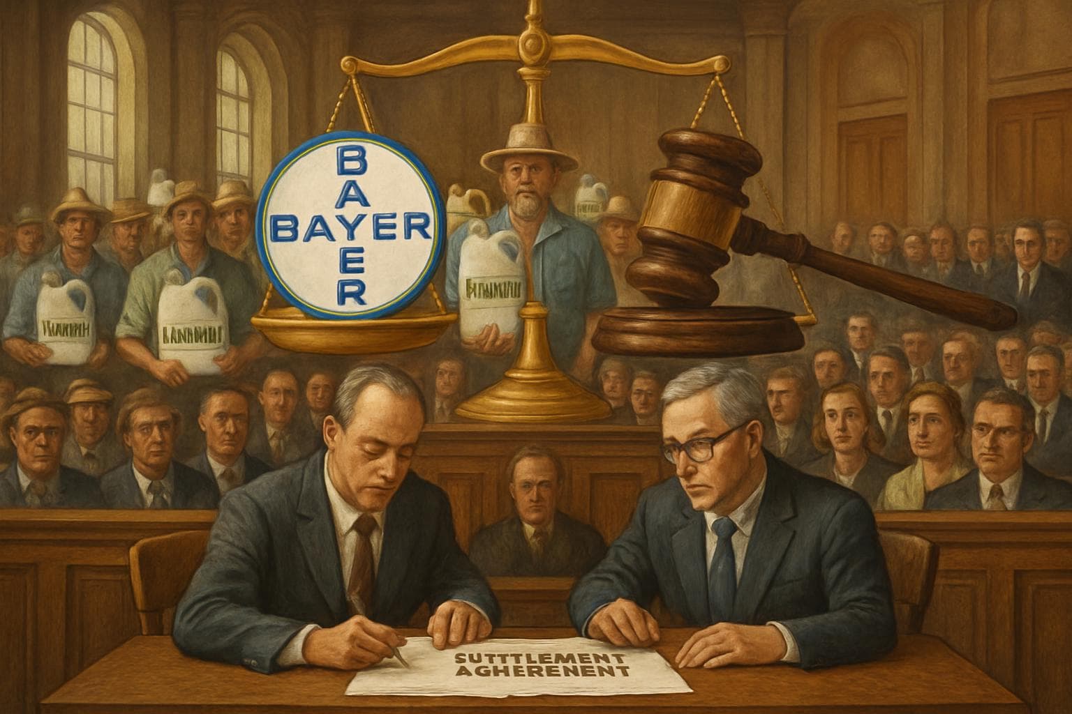 Courtroom scene with settlement signing and farmers with glyphosate