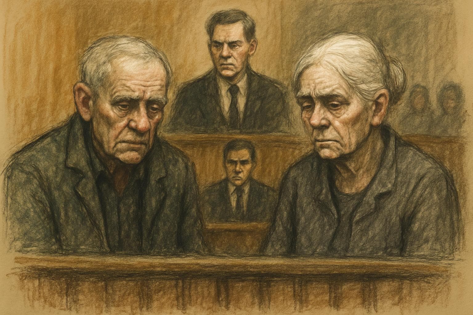 Courtroom sketch of elderly man and woman defendants