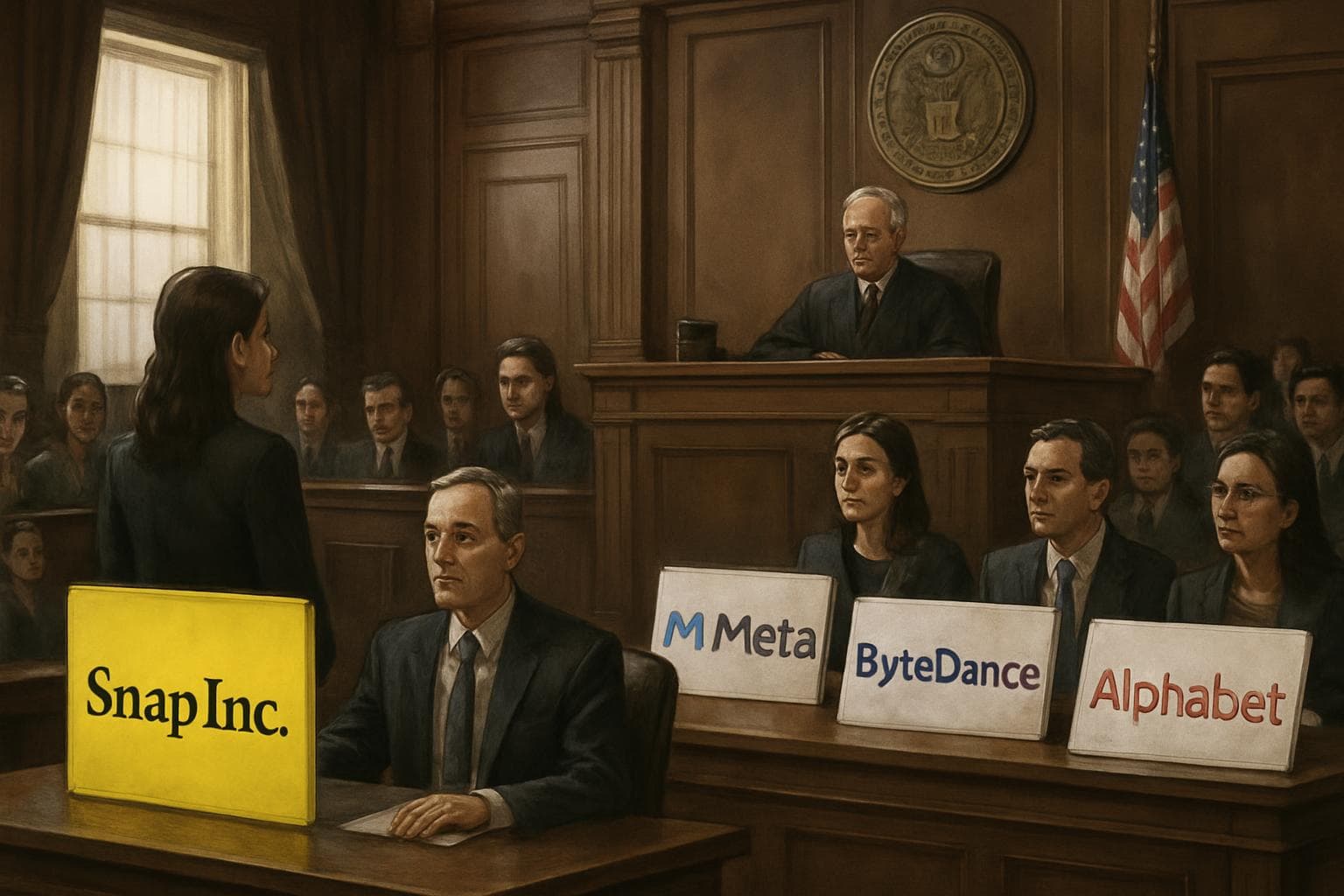 Courtroom scene with Snap Inc. settling a lawsuit