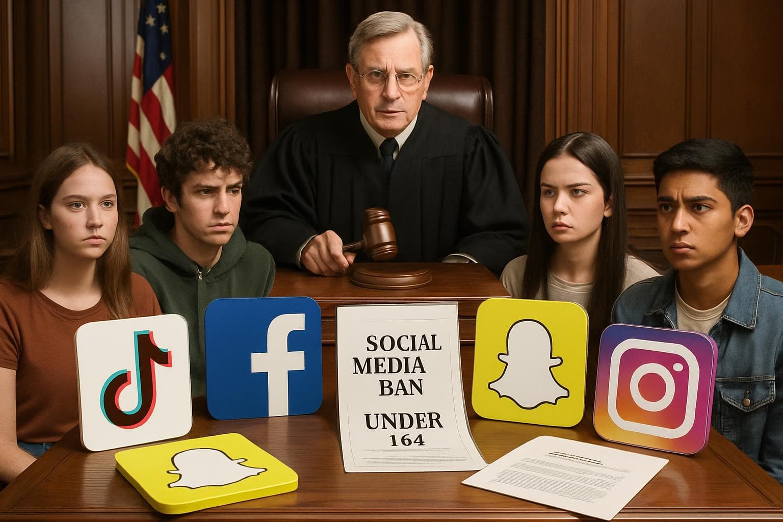 Courtroom scene with tech logos and legal documents around a gavel