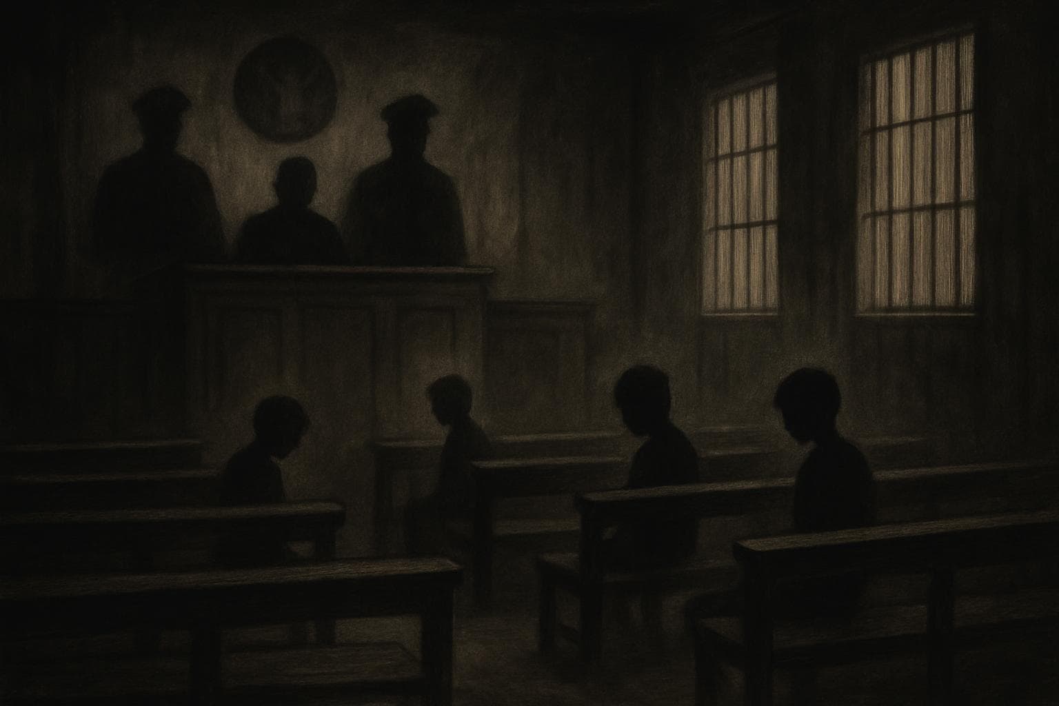 Empty courtroom benches with shadowy authority figures